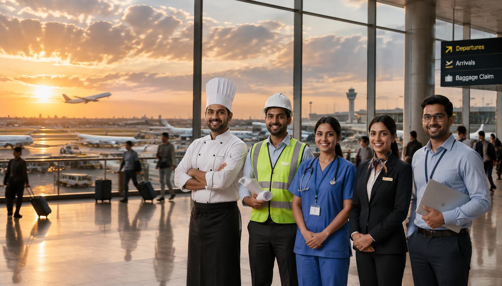 Professionals from hospitality, construction, healthcare and IT at an airport terminal